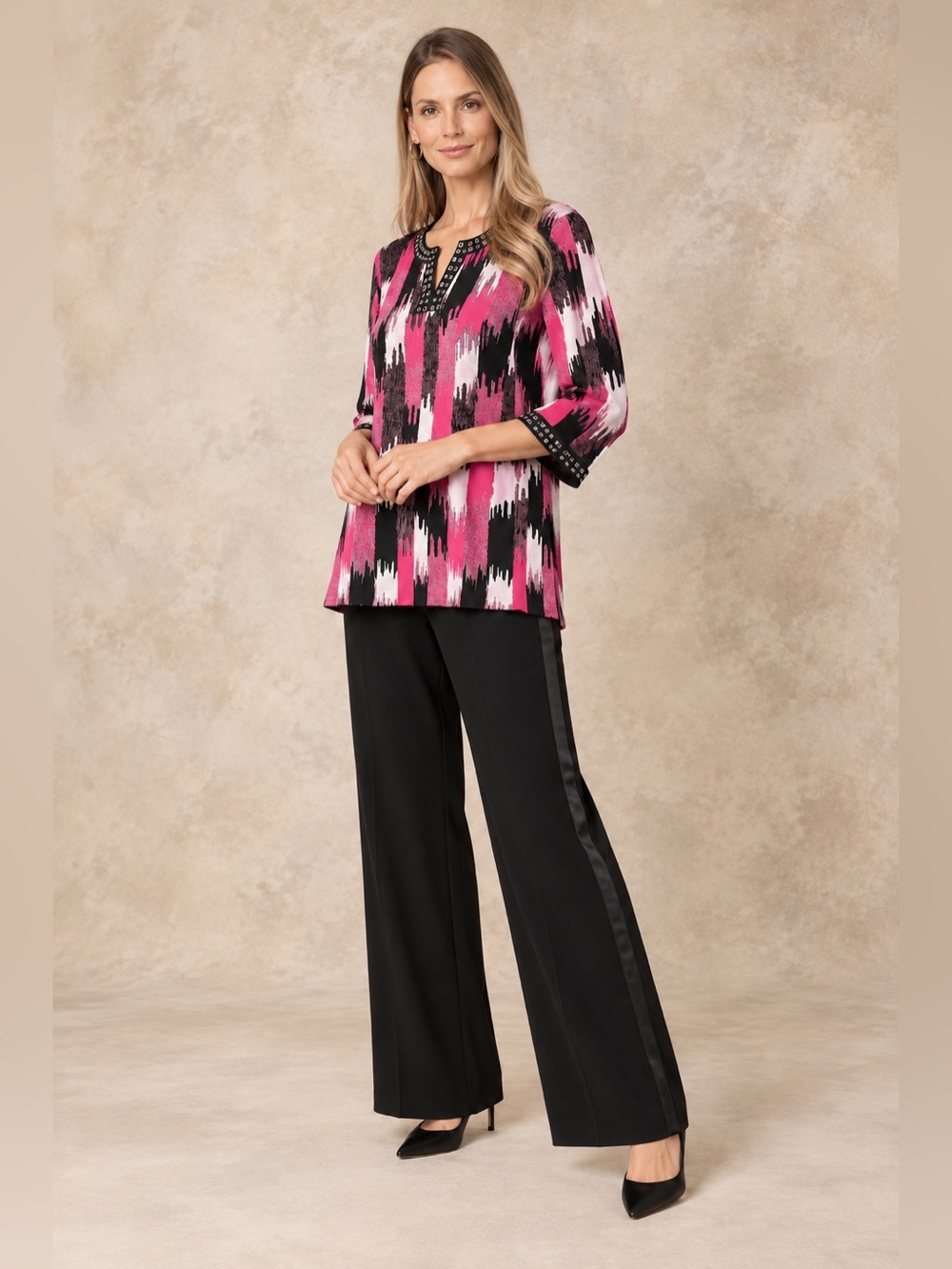 Ming Wang Knit Tunic Top XL Pink Black Abstract Studded 3/4 Sleeve Blouse